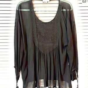World Market Black Sheer Women's Boho Long Sleeve Top S/M
